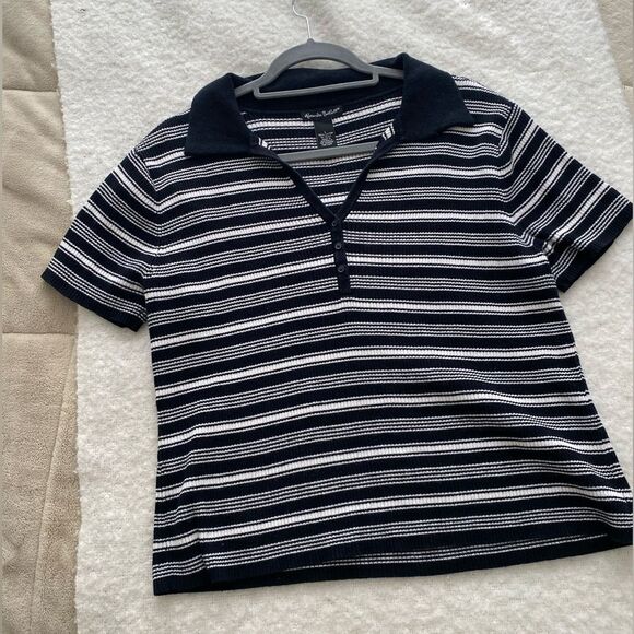 Vintage Black and White Striped Short Sleeve Collared Shirt Size Large - Picture 2 of 6